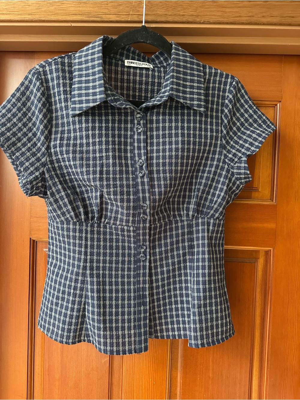 Princess Polly Navy and White Check Button-Down Shirt